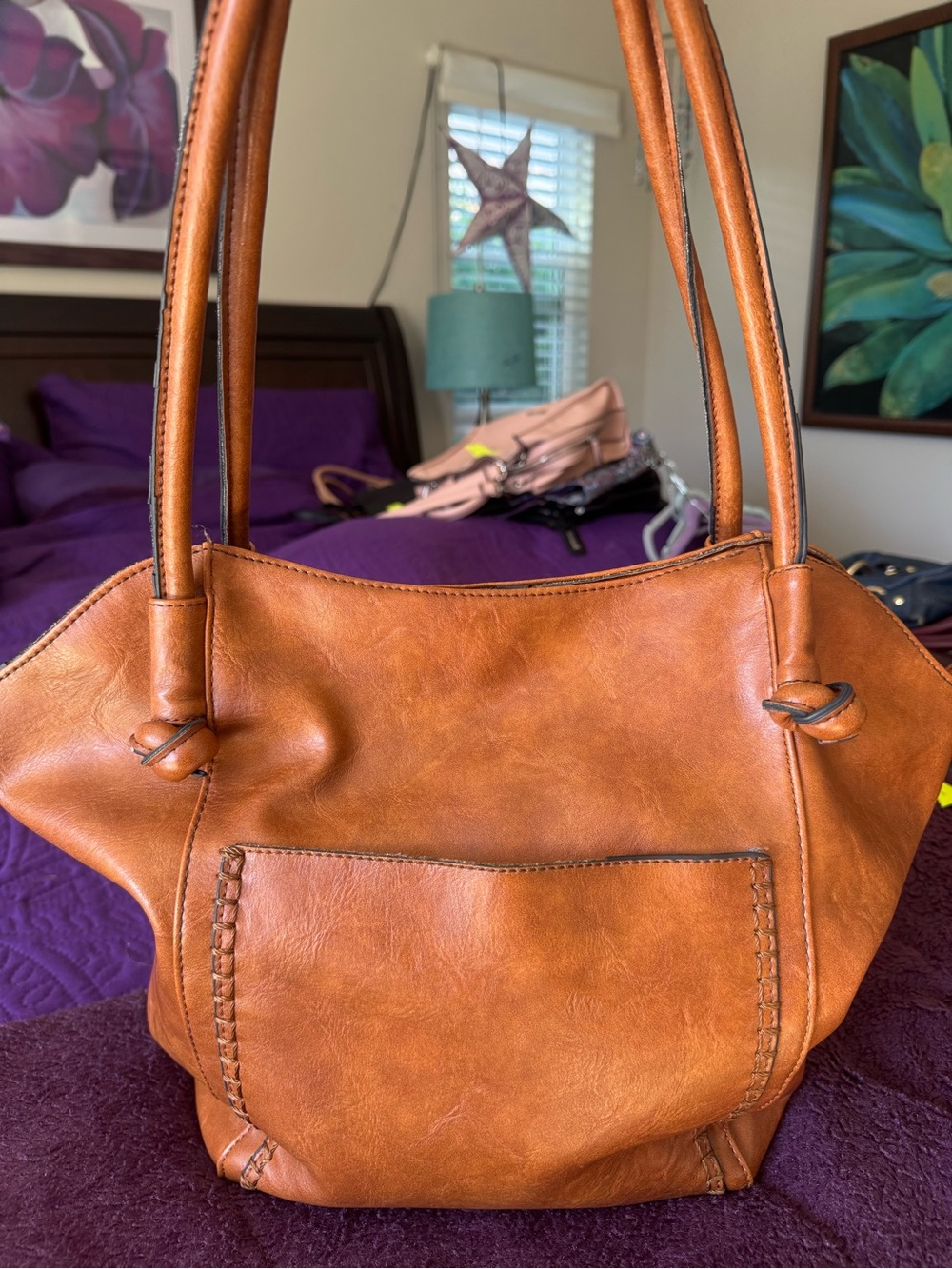 Leather Tote Handbag in Cognac Brown